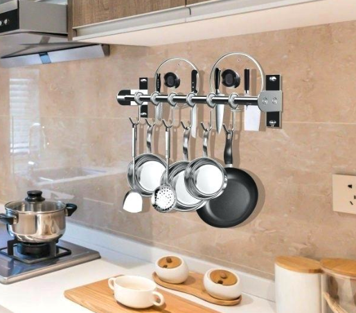 hanging pots and pans in kitchen