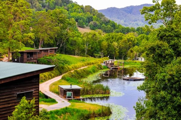 a camp site beside a beautiful lake